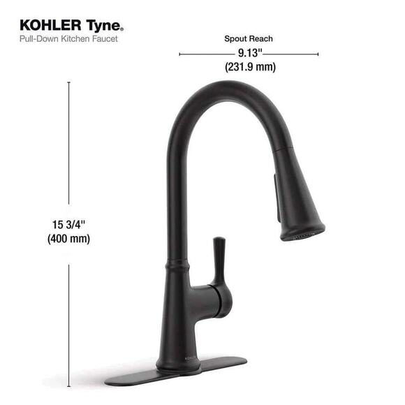 KOHLER Tyne Single-Handle Pull-Down Sprayer Kitchen Faucet in Matte Black - Picture 2 of 8